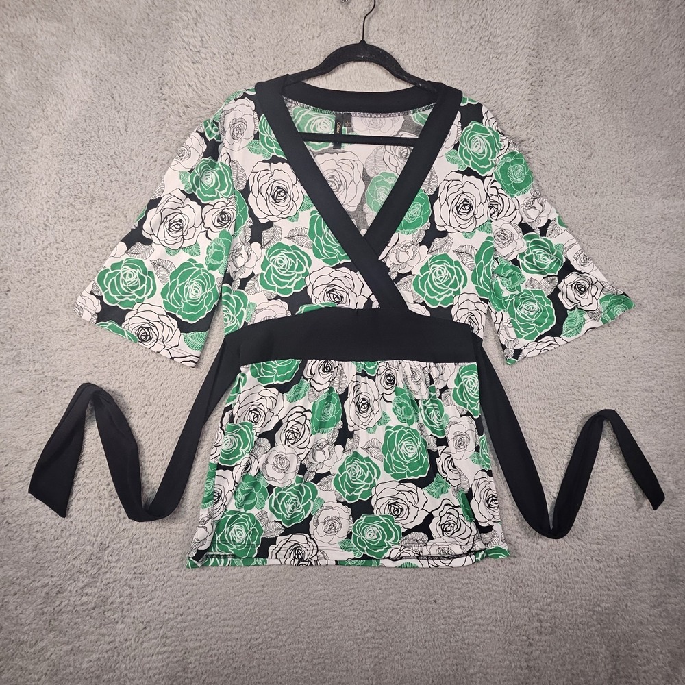 Vtg Y2K Babydoll Top Womens L Rose Floral Faux Wrap‎ Kimono Sleeve Whimsigoth